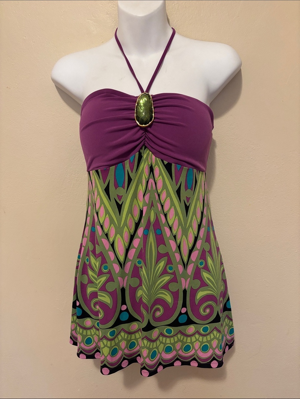 Bisou Bisou Purple with Green Gem and Multicolor Print